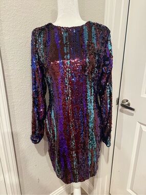 NWT Dress the Population Long-Sleeve Sequin Sheath Dress Multicolor Sz L